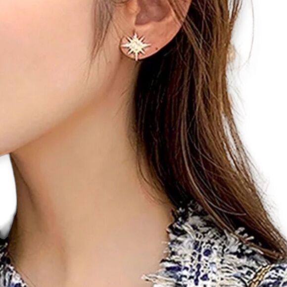 Gold Crystal Cosmos Asymmetrical Star Moon Post Earrings - Picture 2 of 3